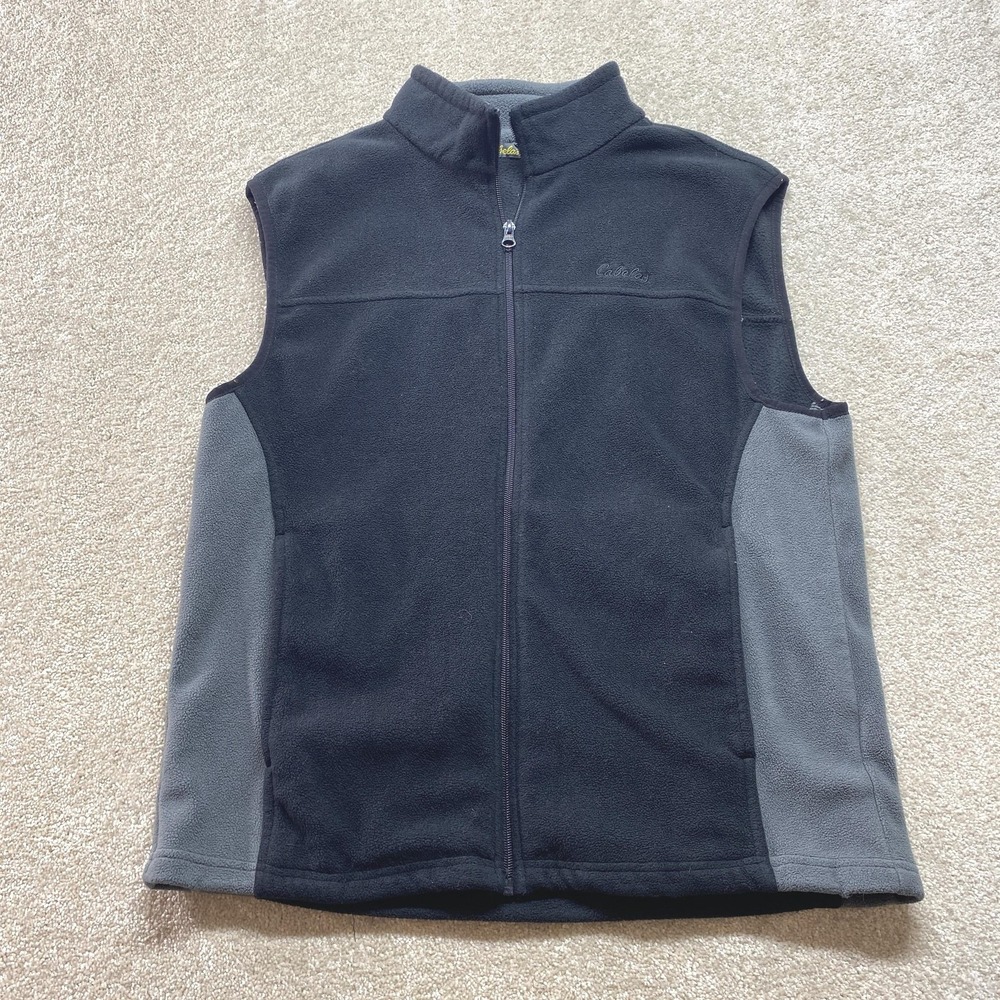 Cabela's Fleece Vest Mens Medium Black Gray Full Zip Mock Neck Outdoor Layering